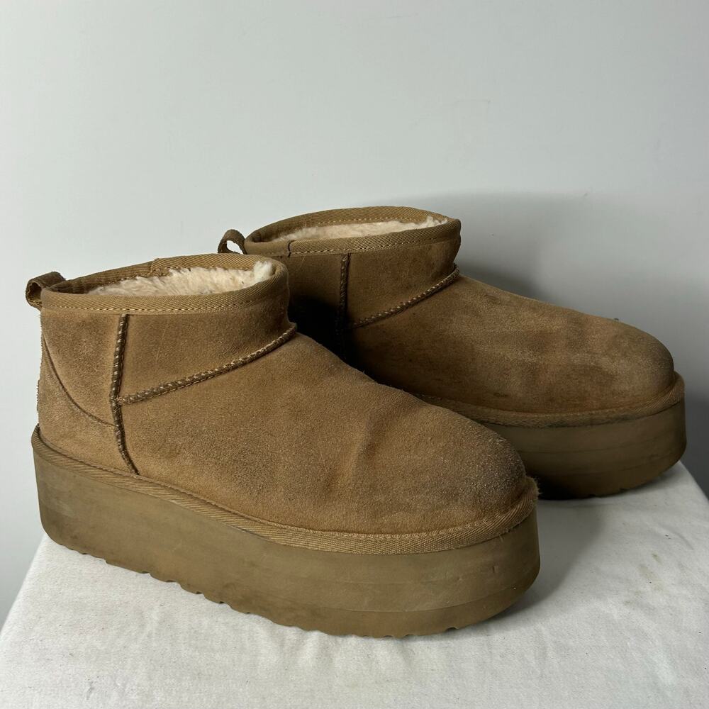 UGG Classic Ultra Mini Platform Boots Chestnut Suede Shearling Women’s Size 9